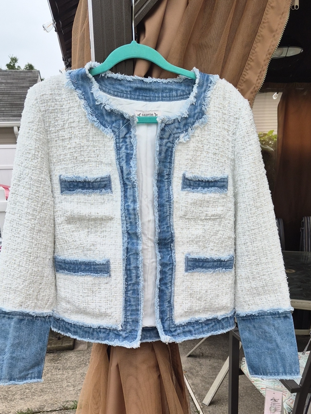 NWT Nanette Lepore White Tweed Jacket with Blue Denim Trim PTP 20